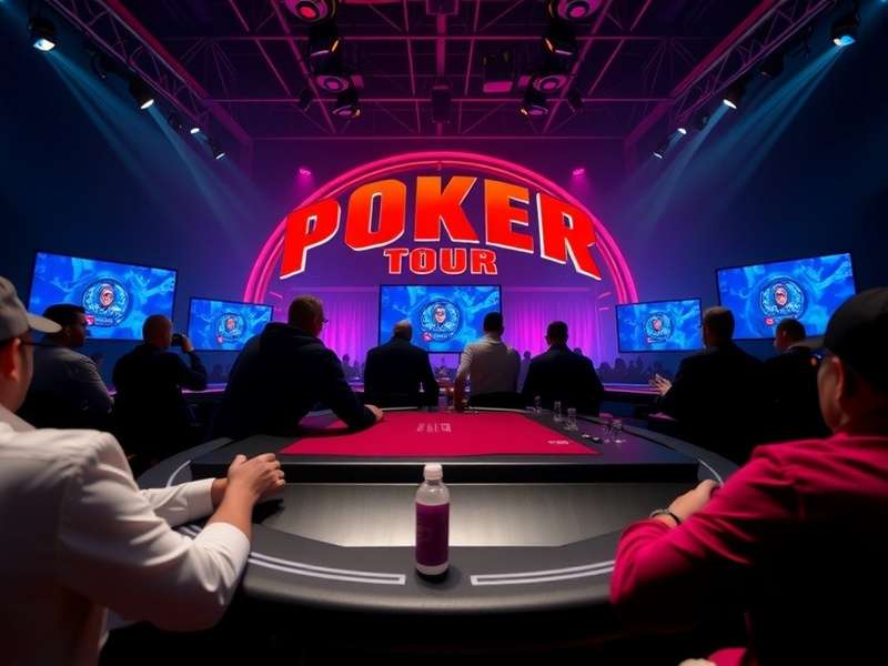 Professional poker tournament scene with chips and cards on felt table