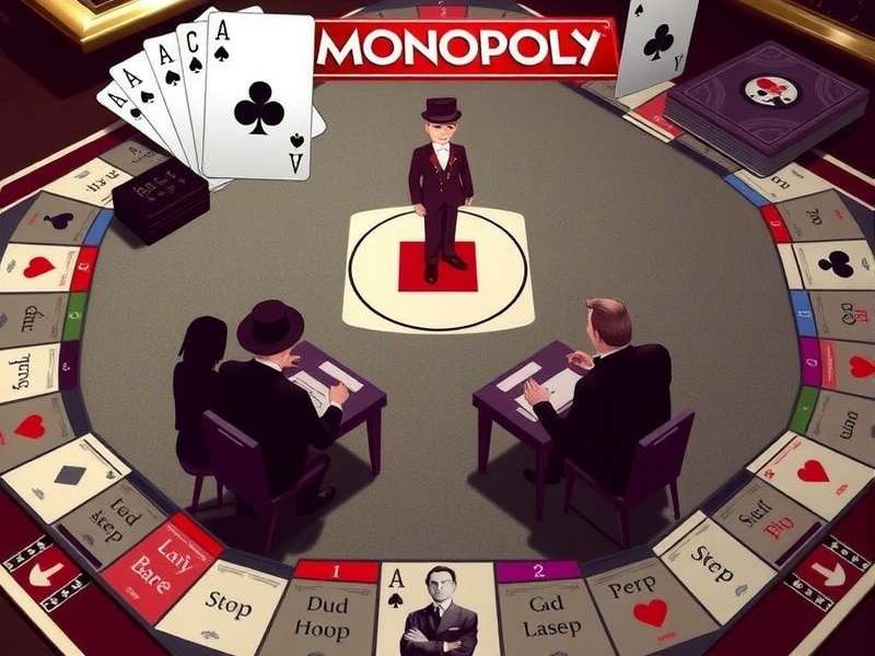 A competitive game of Monopoly Poker in progress, showing cards and property cards intermingled